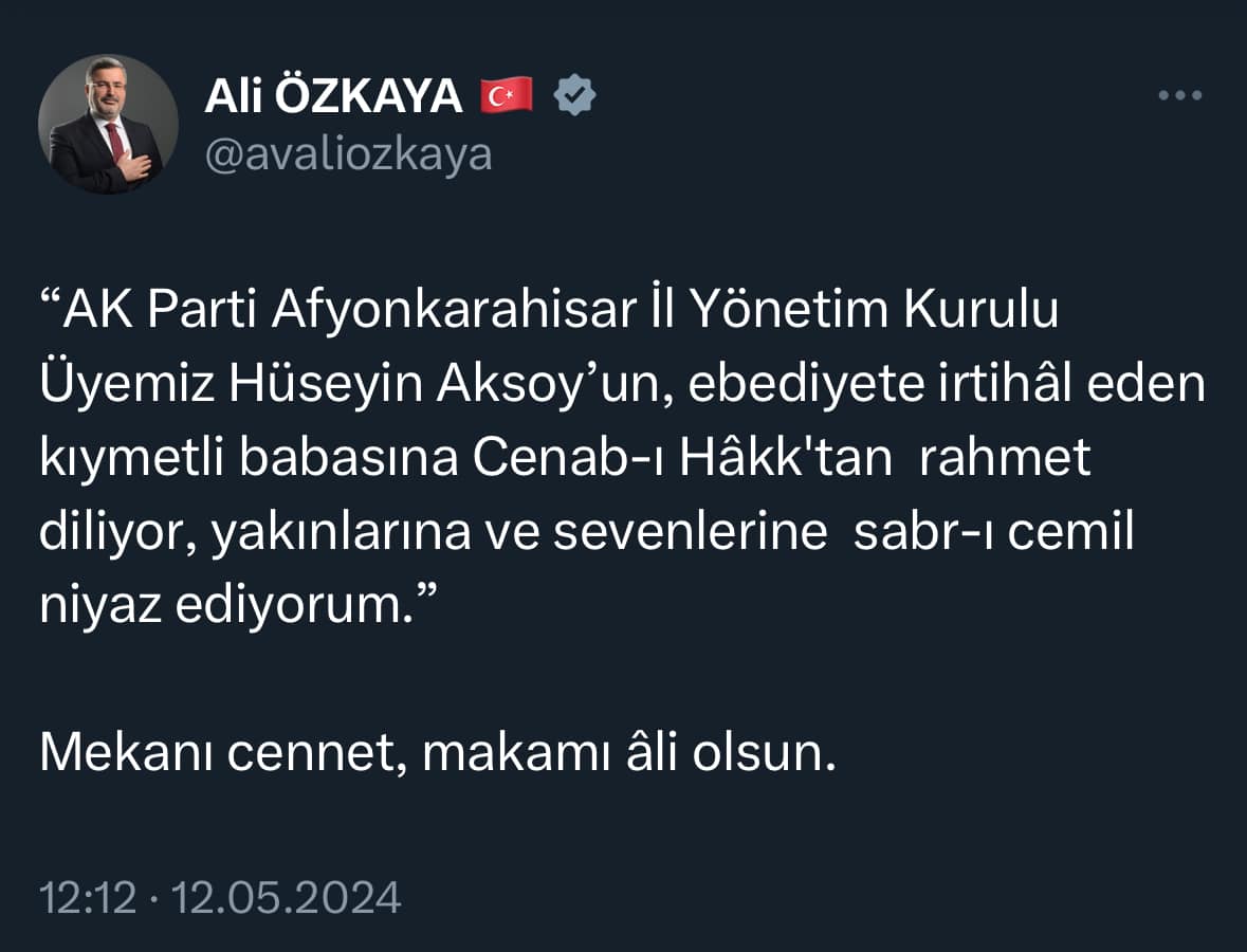 AK Parti Milletvekili Ali Özkaya'dan Taziye Mesajı